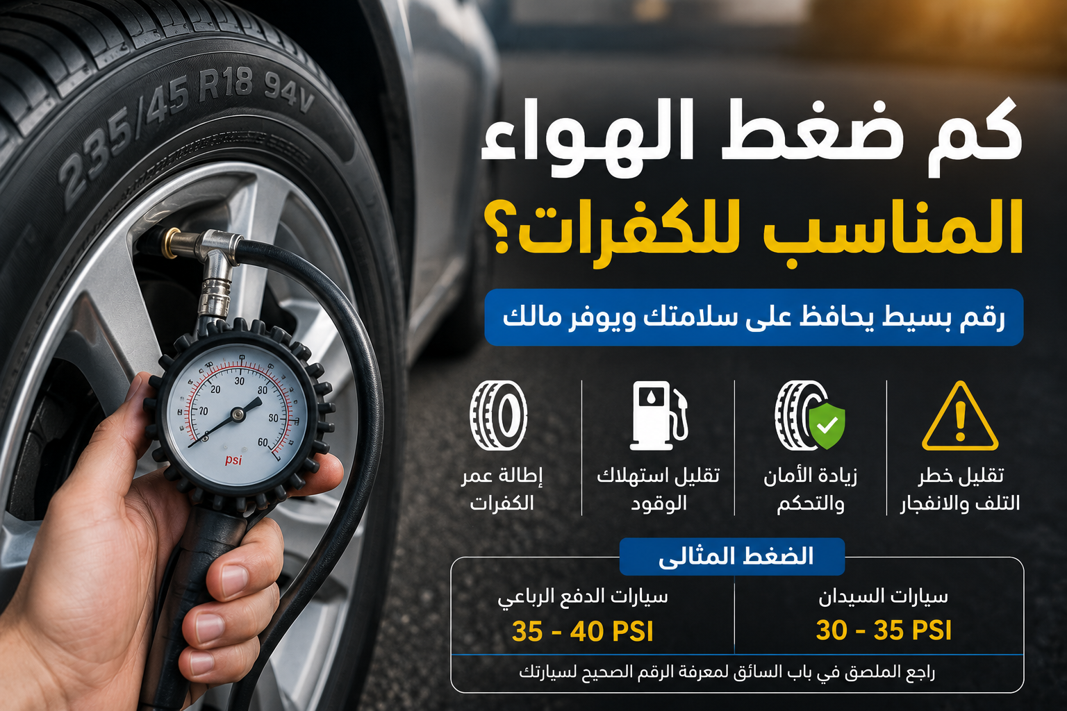 كم ضغط الهواء المناسب للكفرات؟ رقم بسيط قد يؤثر على سلامتك واستهلاك الوقود