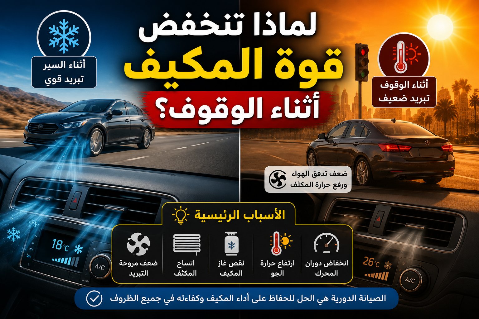 لماذا تنخفض قوة المكيف أثناء الوقوف؟ الأسباب التي لا يعرفها كثير من السائقين